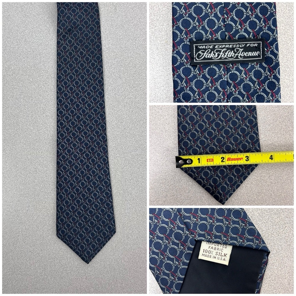 Saks Fifth Avenue‎ Men's Blue Chain Loop Silk Neck Tie Made in USA